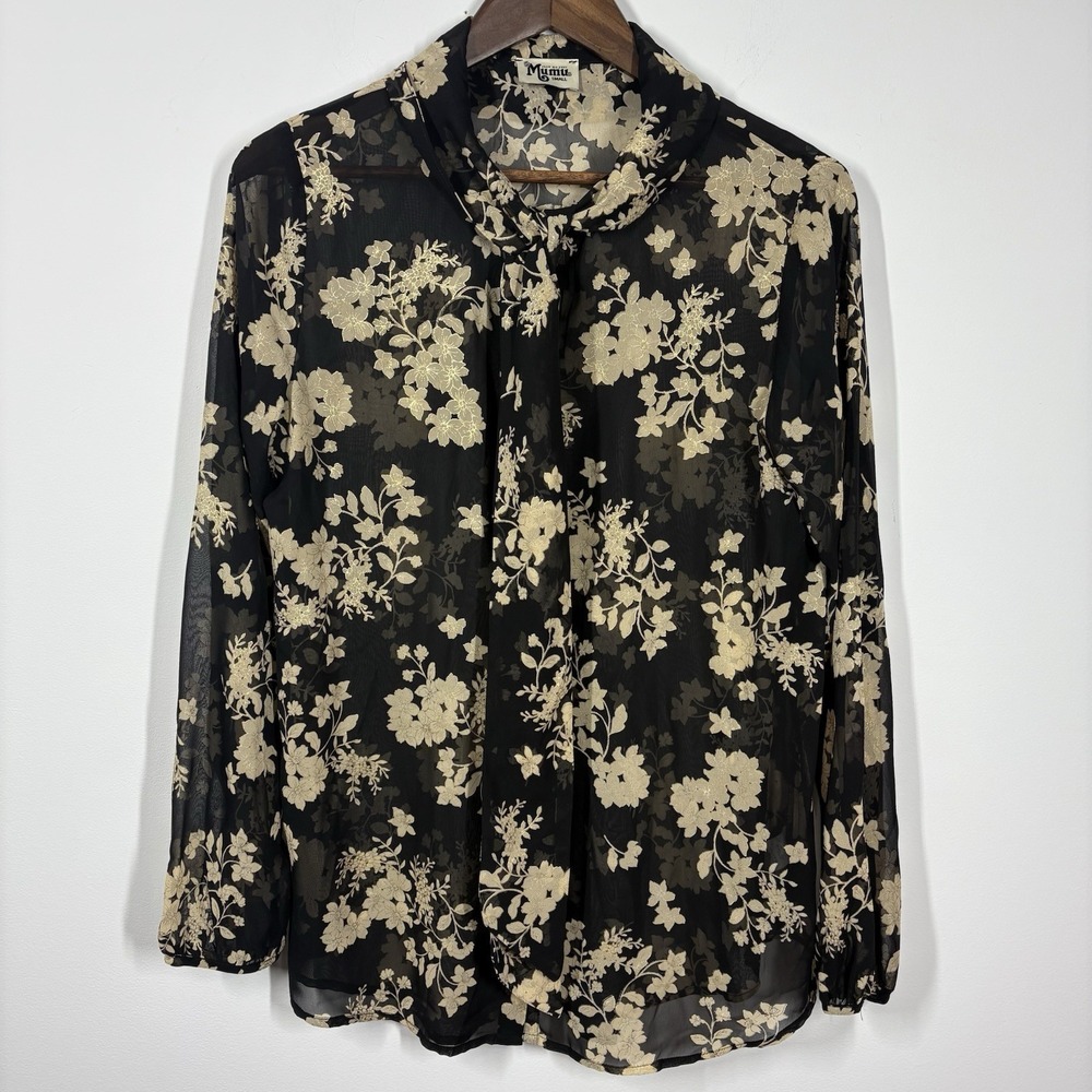 Show Me Your Mumu Women Sheer Floral Blaine Top Blouse Size S Scarf Neck Shimmer